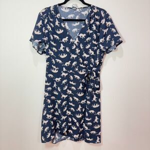 J Crew Navy Blue Big Cat Novelty Print Dress 14 Short Sleeve Wrap Tie Whimsical